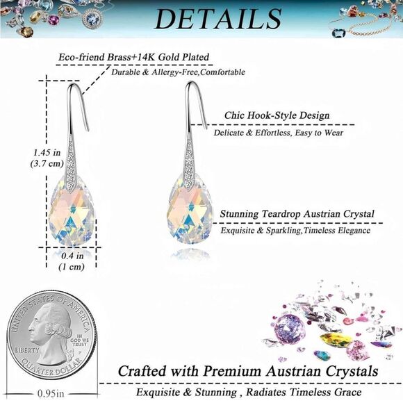 14K White Gold with Iridescent AB Austrian Crystal Teardrop Drop Hook Earrings - Picture 6 of 6